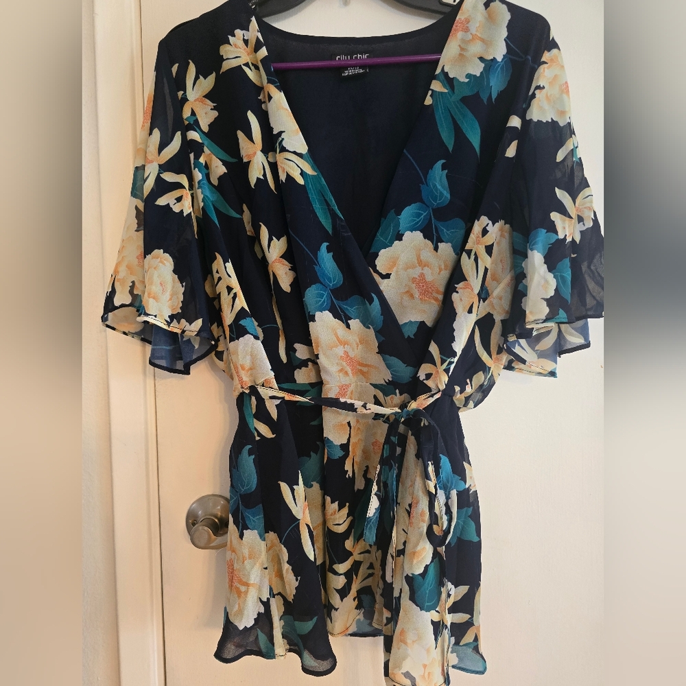 City Chic Blue and Cream Floral Blouse